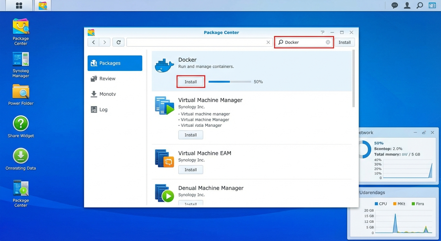Synology DSMのPackage CenterでDockerを検索し、インストールする画面のスクリーンショット。