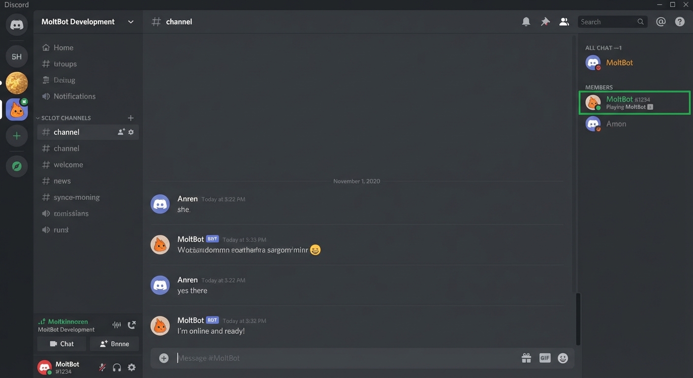 Discordの画面で、MoltBotがオンラインになっている状態を示すスクリーンショット。