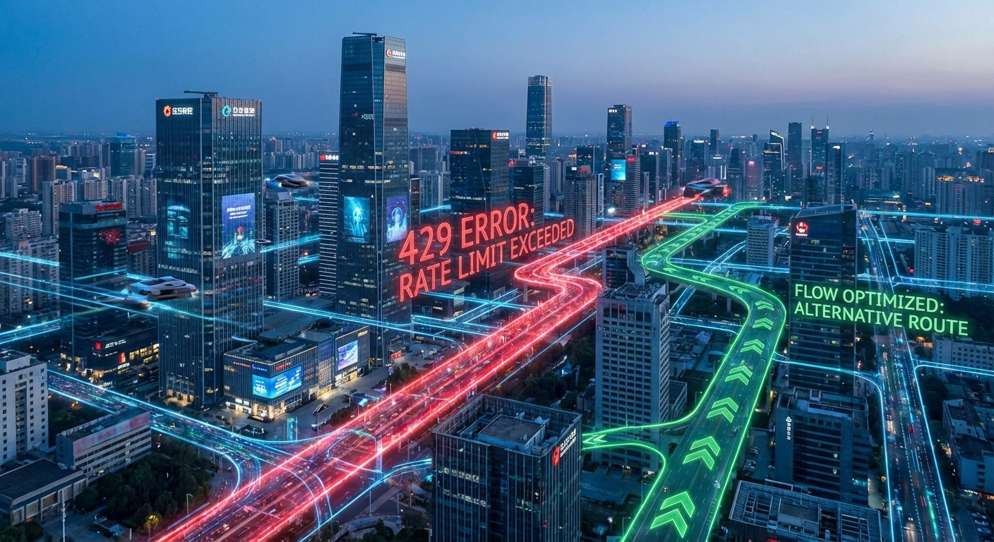 A futuristic digital network overlaying a city skyline, with data packets flowing rapidly. One pathway glows red with a '429' error code, symbolizing a challenge, but a clear path forward is also visible, hinting at solutions. Style: Cyberpunk meets corporate tech, professional.
