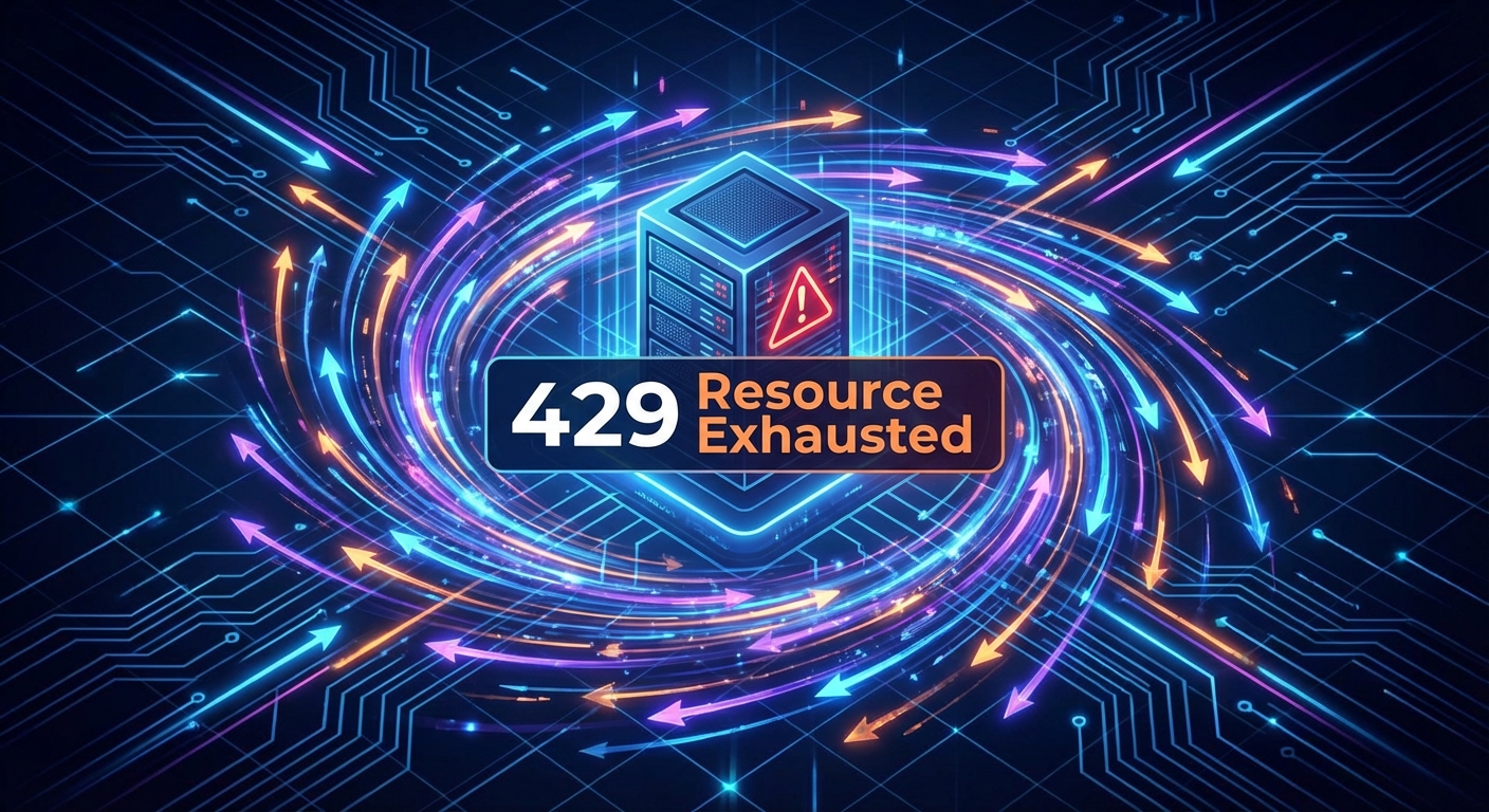 An abstract visualization of a server experiencing overload. Multiple glowing digital arrows representing API requests converge on a single, overwhelmed server icon, which displays a large '429 Resource Exhausted' warning. The background is a network grid. Style: Modern, technical, slightly alarming.