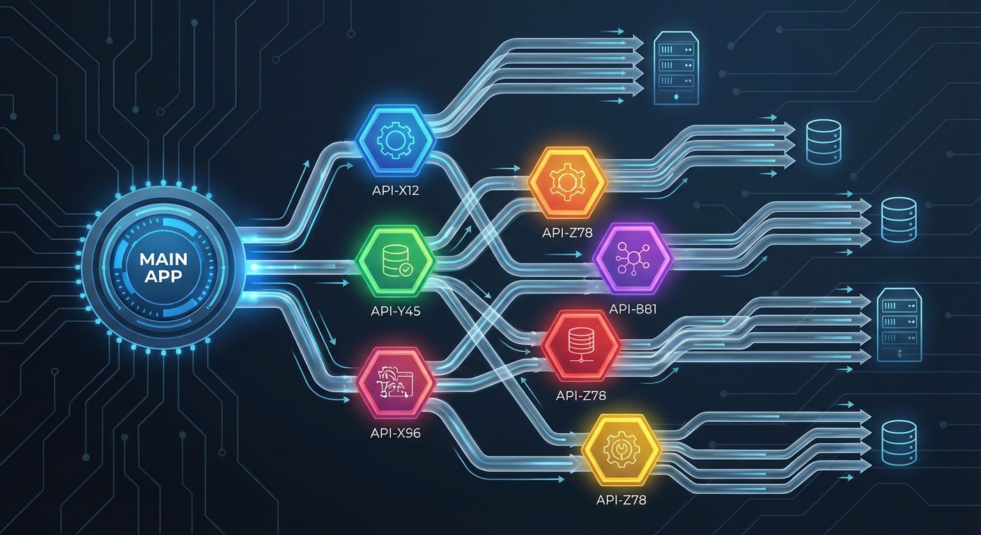 A cluster of distinct API keys, each represented by a different colored, glowing hexagonal icon, branching out from a central application. Each key leads to a separate, balanced data pathway, illustrating distributed load and strategic API key management. Style: Clean, interconnected, data-centric.