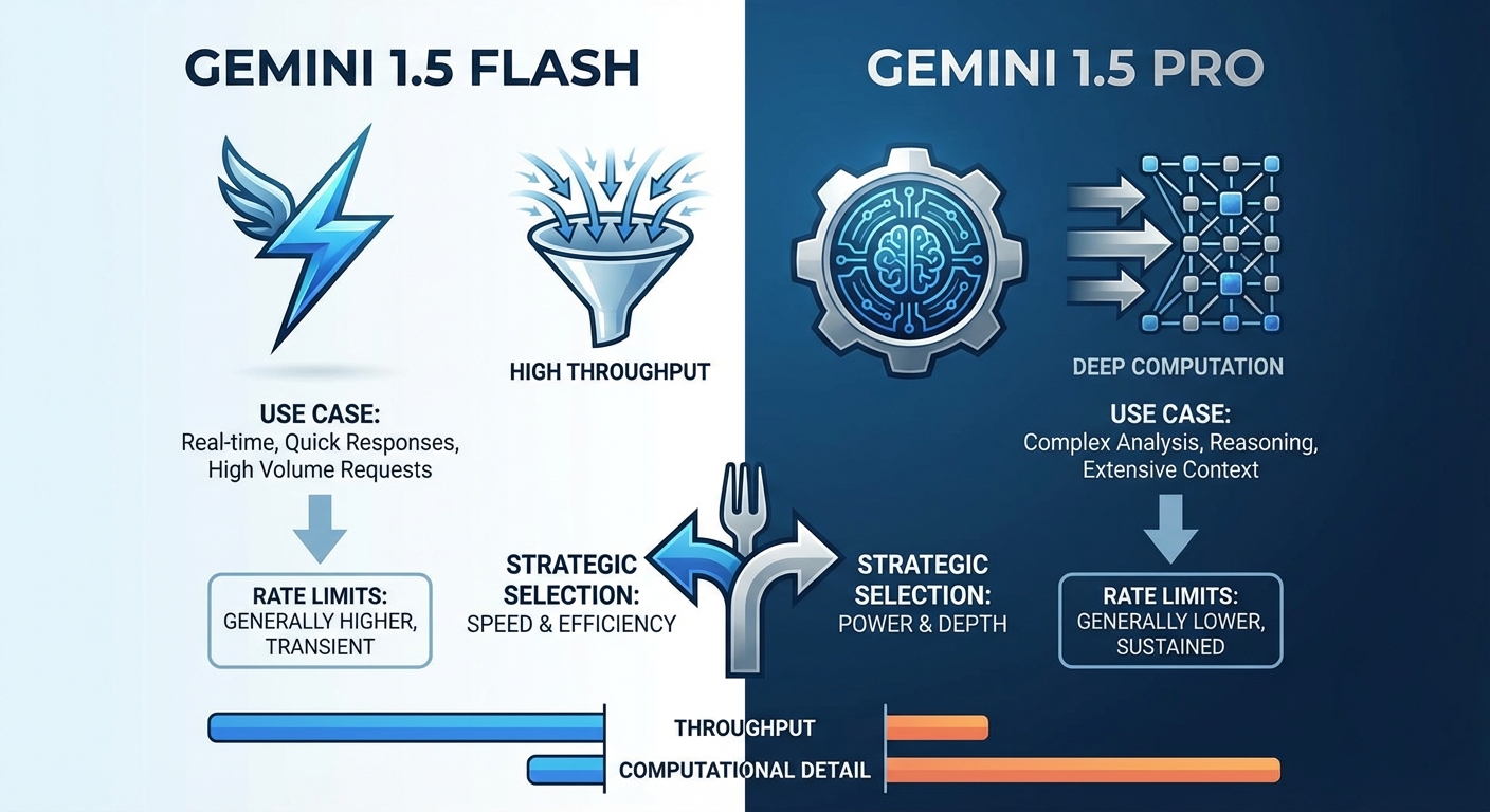 A split-screen or a comparison chart showing two distinct AI models: one represented by a nimble, streamlined icon (Gemini 1.5 Flash) with high throughput, and the other by a robust, powerful icon (Gemini 1.5 Pro) with more computational detail. Arrows indicate strategic selection based on use case and rate limits. Style: Informative, comparative, clean UI.