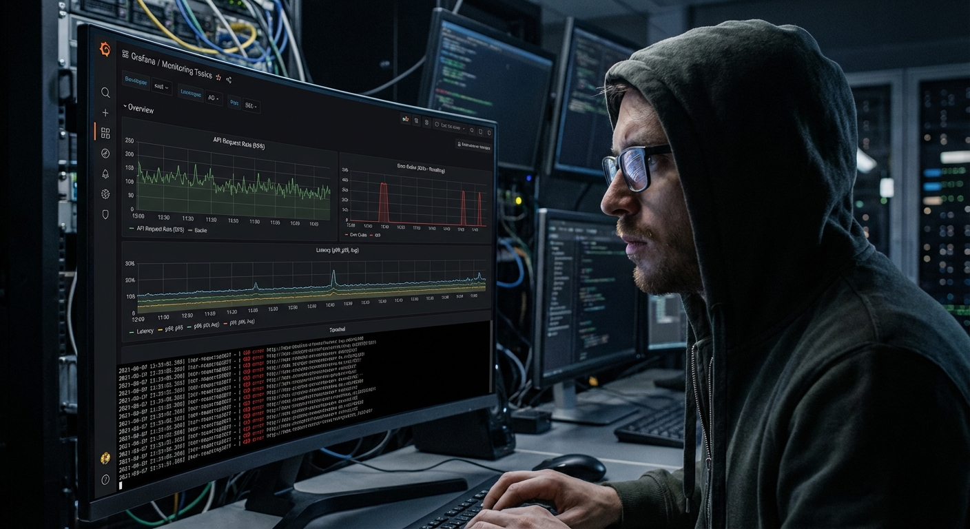 A sophisticated monitoring dashboard displaying real-time graphs for API request rates, error codes (specifically 429s), and latency. A developer is looking intently at the screen with lines of log data scrolling, emphasizing debugging and performance oversight. Style: Dark mode, technical, data-rich.