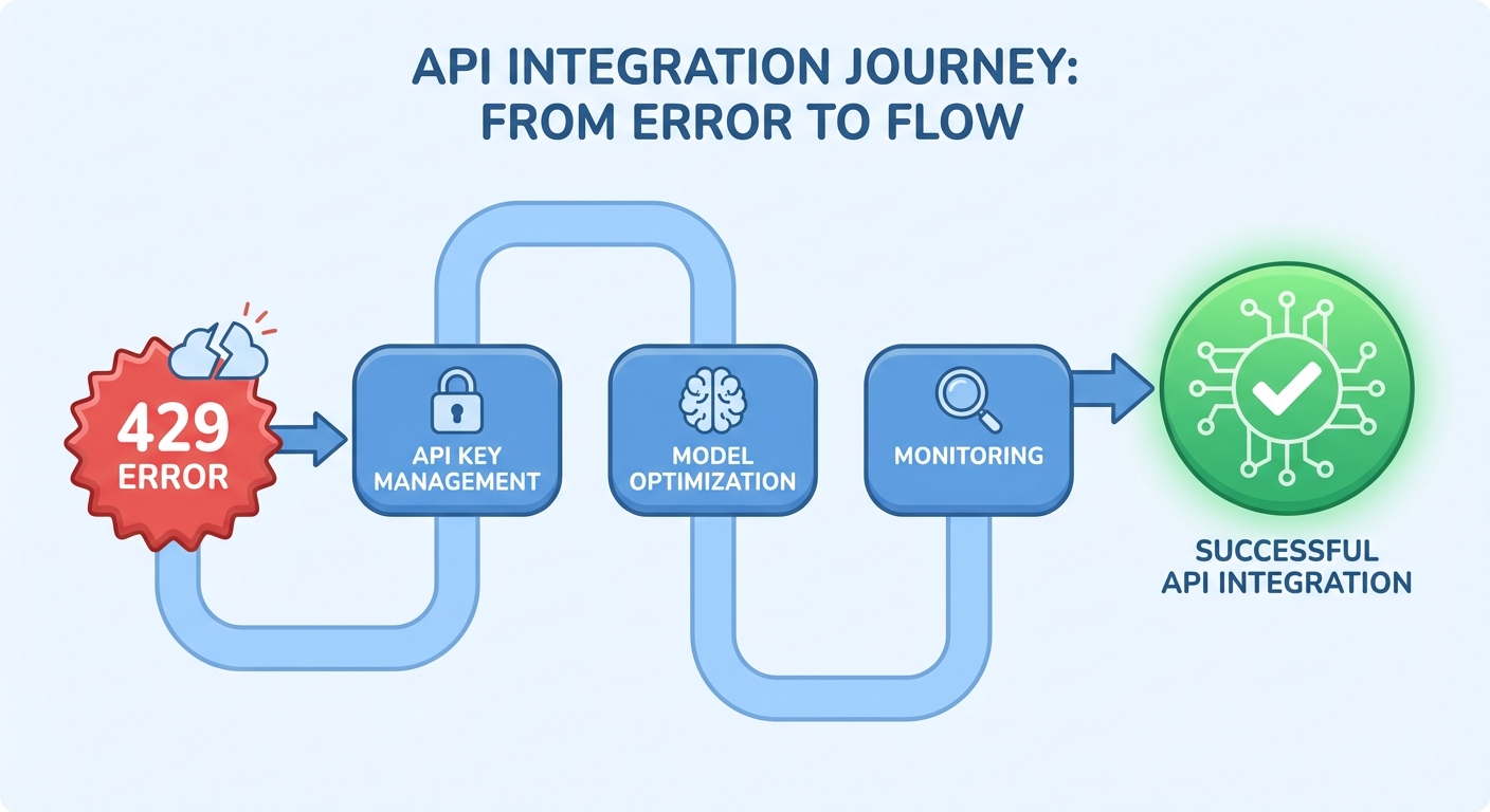 A simplified roadmap or a journey visual, starting from a problematic '429' error symbol and leading through strategic checkpoints (API key management, model optimization, monitoring) to a smooth, flowing, and successful API integration represented by a green checkmark or a stable network icon. Style: Clear, illustrative, positive resolution.
