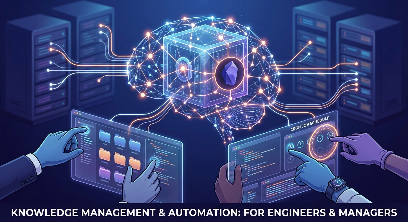 Highly detailed, futuristic, professional illustration of a brain-like network glowing within a digital vault, representing knowledge management and automation. Wires and data streams connect nodes, with Obsidian's logo subtly integrated. In the foreground, hands (diverse, professional) interact with a holographic interface showing organized files and a cron job schedule. Clean, tech-focused, slightly abstract, deep blue and purple tones with glowing accents. For engineers and managers.