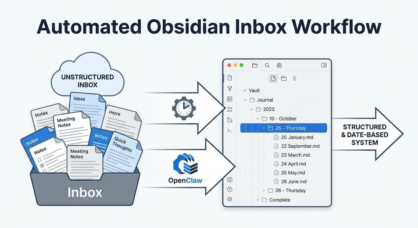 Professional, clean infographic illustrating the transformation of a messy 'Inbox' to a structured, date-based file system within Obsidian. On the left, a chaotic pile of digital notes labeled 'Inbox'. On the right, neat folders organized by year, month, and day, with small notes inside. Arrows indicate an automated process driven by a 'Cron' icon and an 'OpenClaw' logo. Minimalist, clear, corporate tech aesthetic.