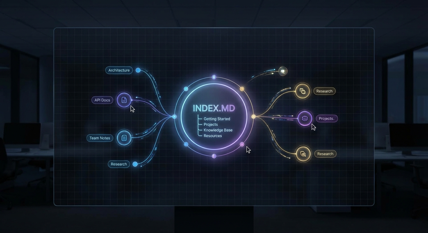 Detailed, elegant visualization of an 'index.md' file as a dynamic, interactive dashboard or a comprehensive map of a large knowledge base. The image shows a glowing digital map with interconnected nodes representing different sections and files of an Obsidian vault. A central 'index.md' node acts as a hub, displaying a hierarchical outline. Data flows and highlights emphasize easy navigation. Professional, slightly futuristic, with a focus on clarity and information architecture. Suitable for engineers and managers.