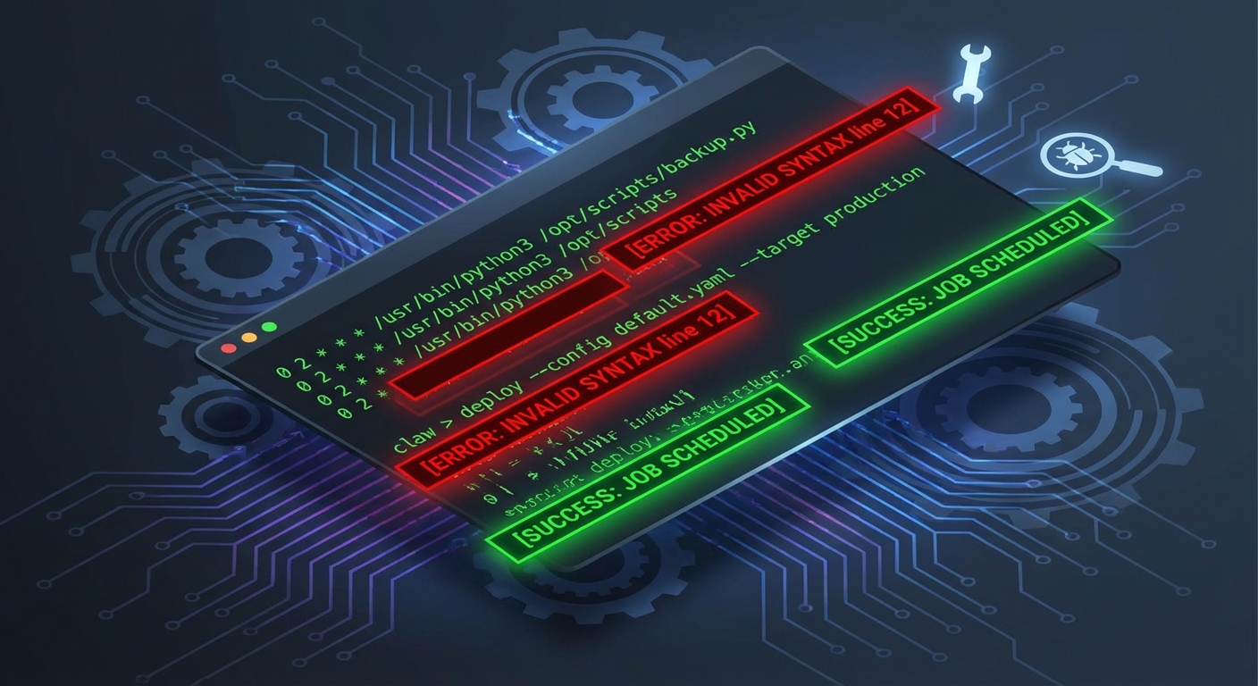 Abstract representation of automation configuration and troubleshooting. A stylized command line interface displaying cron job syntax and OpenClaw commands, superimposed with glowing error messages and successful execution notifications. Gears and circuit board patterns in the background. A small, stylized wrench and debugger icon represent troubleshooting. Clean, technical, professional, emphasizing problem-solving and systematic setup. Dark mode aesthetic with bright green and red accents.
