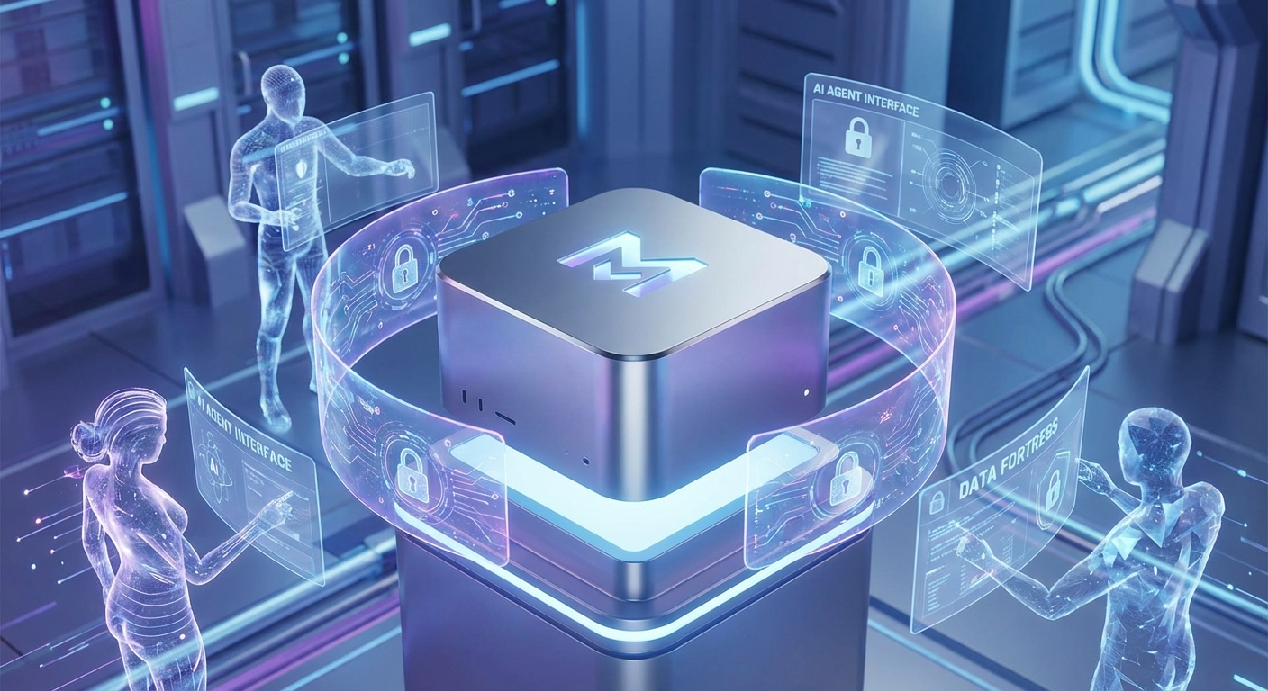 A futuristic render of a Mac mini (M-series) glowing subtly, surrounded by holographic data streams and abstract AI agent interfaces. It should convey a sense of a powerful, secure 'fortress' for AI, with a clean, tech-savvy aesthetic. Emphasize digital security and advanced technology. Art style: digital art, sci-fi, engineering focus.