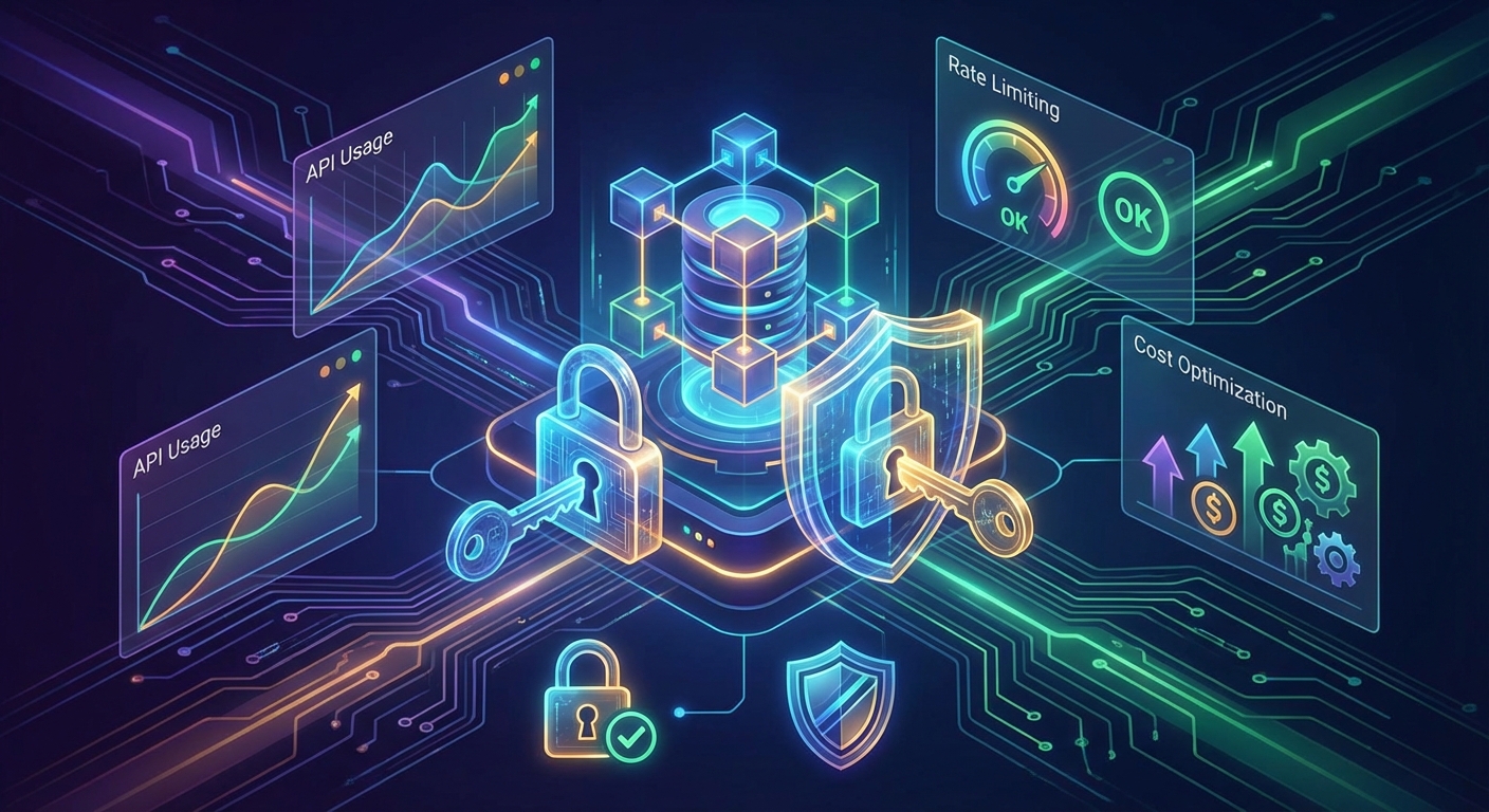 An abstract visualization of secure API key management. Digital locks and keys protecting a database of API keys, with real-time graphs showing API usage, rate limiting indicators, and cost optimization symbols. The image should convey trust, control, and efficiency in data access. Art style: data visualization, cybersecurity concept.