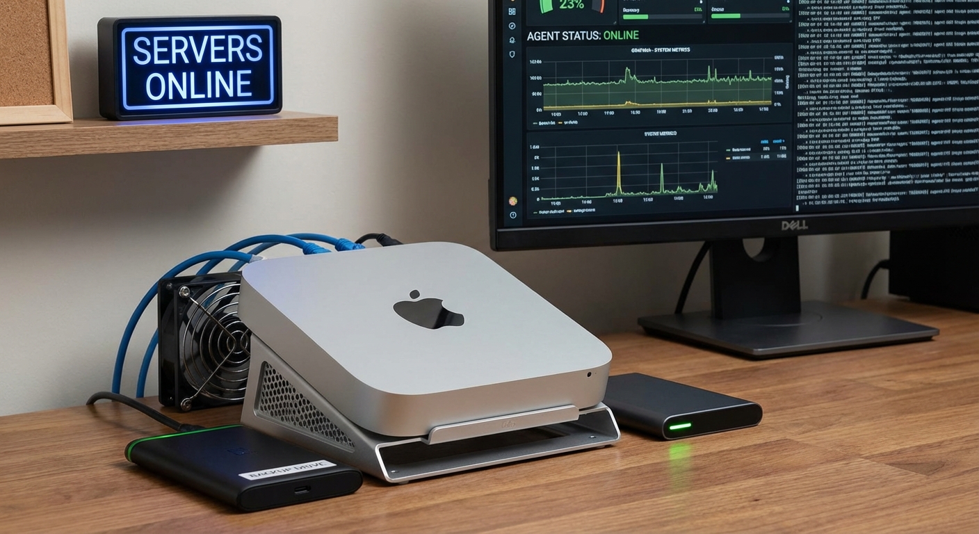 A close-up of a well-maintained Mac mini server setup in a home lab environment. A monitor nearby displays monitoring dashboards (e.g., Grafana), showing system metrics, logs, and agent statuses. Includes elements like external SSD for backups, cooling solutions, symbolizing stability and proactive maintenance. Professional, clean tech photography style.